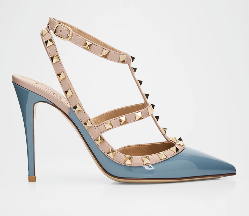 Valentino Rockstud 100mm Grey Blue Patent Poudre Nude Ankle Strap Heel Pump 38